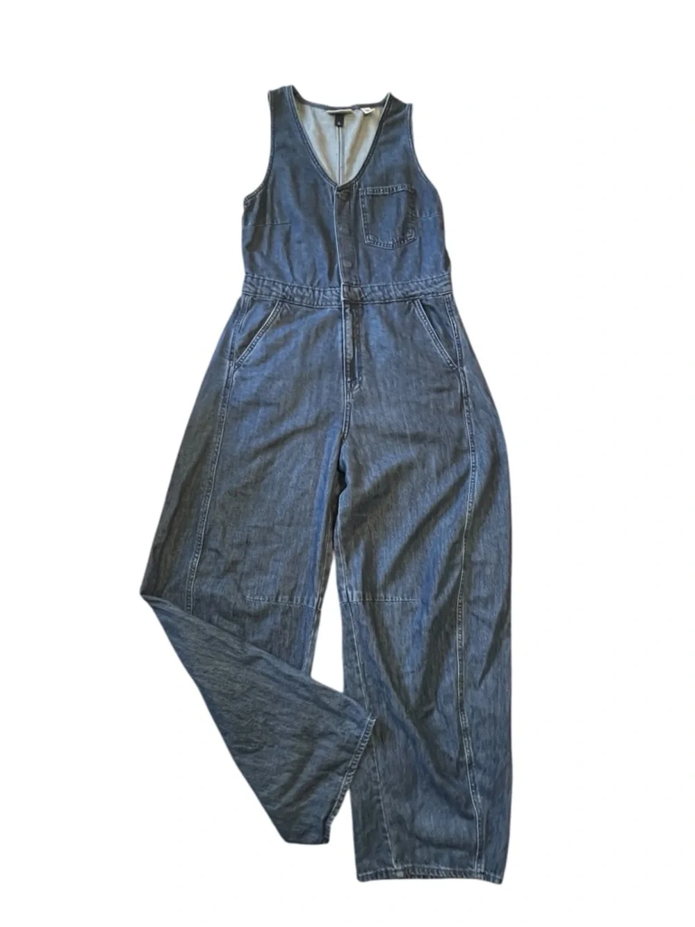 Curved Leg Denim Jumpsuit - Medium Wash 10 - Picture 4 of 11